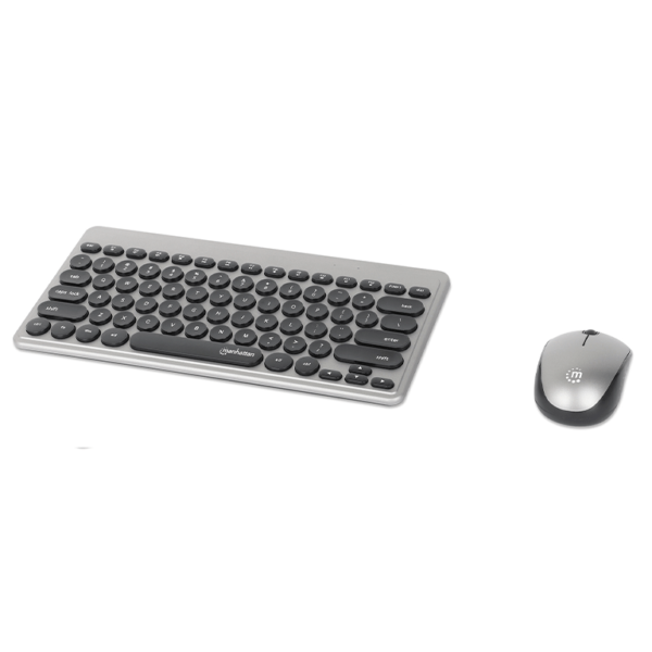 Manhattan - 180795 - Kit Mini Teclado Y Mouse Óptico Inalámbricos / Receptor Usb-A Nano Para Ambos, 12 Teclas Multimedia/Función, Mouse Óptico Ambidiestro 3 Botones Y Rueda De Desplazamiento, Negro/Plateado