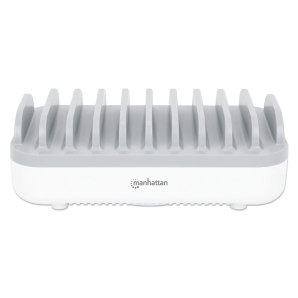 Manhattan - 180856 - Estación De Carga De 10 Puertos Usb - 120 W / Tres Puertos Usb-C Pd De Hasta 18 W Por Puerto, Siete Puertos Usb-A De Hasta 12 W / 2.4 A Por Puerto, 120 W De Salida Total, Blanco/Gris