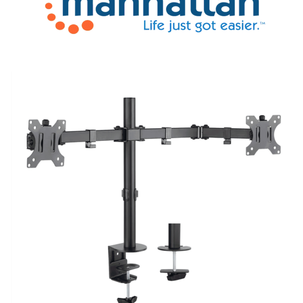 Manhattan 461528 - Soporte Universal Para 2 Monitores Con Brazos De Doble Articulación / Color Negro / 13" A 32" / Hasta 8Kg / Inclinación De ±45° / Rotación De ±180° / Construído En Acero / Vesa