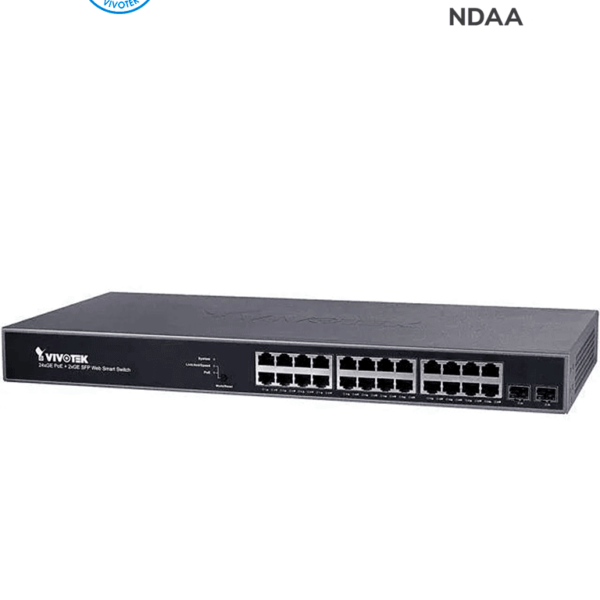 Vivotek Aw-Gev-267A-370 - Vivocam Switch Poe Administrable L2+ Con 24 Puertos Poe Ge Rj45, 2 Puertos Combo Ge Rj45/Sfp, 370W Totales (30W Por Puerto), 52Gbps De Velocidad Y Gestión De Vigilancia Ip.