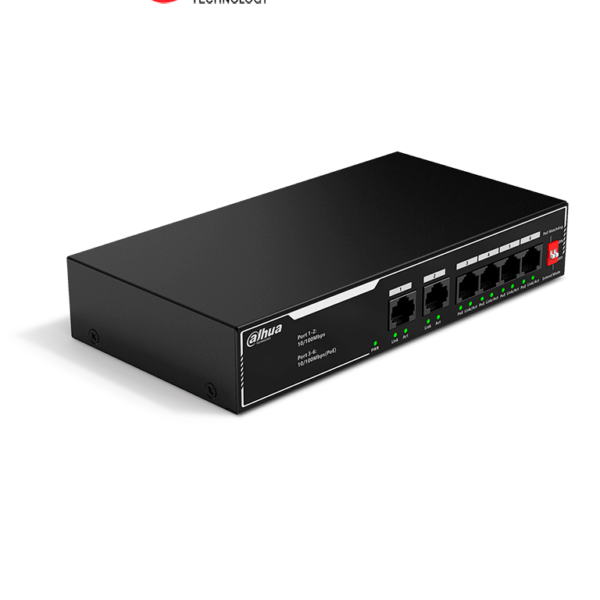 Dahua Dh-Sf1006Lp - Switch Poe De 6 Puertos Fast Ethernet/ 4 Puertos Poe 10/100/ 36 Watts Totales/ 2 Puertos Uplink Rj45 10/100/ Poe Watchdog/ Soporta Hasta 250Mts Sobre Utp Cat 6/ Protección Contra Descargas/