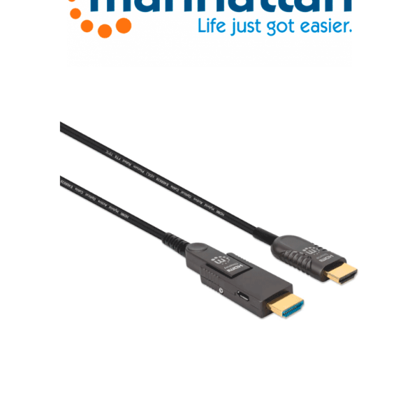 Manhattan 355193 - Cable Óptico Activo Hdmi De Alta Velocidad / 4K@60Hz Uhd, Hdmi Macho A Micro-Hdmi Macho (Tipo D) Y Hdmi Macho (Tipo A) Desmontable, 30 M (100 Pies), Certificado Cmp/Cpr, Hec, Arc, Contactos Bañados En Oro, Negro (Sobre Pedido)