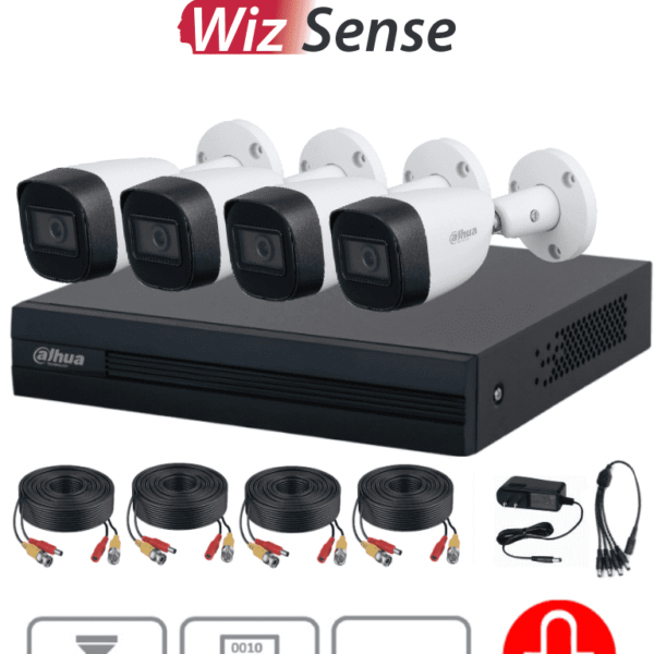 Dahua Kitxvr1B04-I+Hfw1200Cma -Kit De 4 Canales Con Cámaras De 2Mp Y Audio. Incluye Dvr Cooper-I Wizsense Con Ia Y H.265+, 4 Cámaras Metálicas Con Micrófono Integrado, 4 Canales Más 1Ip O Hasta 5 Canales Ip, 4 Canales Smd Plus Y Accesorios Incluidos/