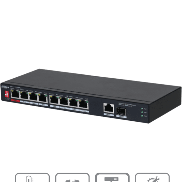 Dahua Pfs3110-8Et1Gt1Gf-96 -Switch Poe De 10 Puertos/8 Puertos Poe 10/100/1Puerto Sfp De1000 Mbps/1 Puerto Uplink De 10/100/1000/ 96 Watts Totales/ Alimentación Hasta 250 Mts/Soporta Poe Whatchdog/Puerto Rojo Soporta Ieee 802.3Bt/#Switchd2 #Rem #Mci2 #Rmm