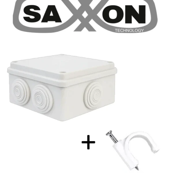Saxxon Swd015Lmgncc5Mmr - Paquete De Caja De Conexiones 8 Entradas 150X150X70Mm Con Bolsa De Grapas Redondas De Pared De 6Mm De Alto Color Blanco 50 Piezas