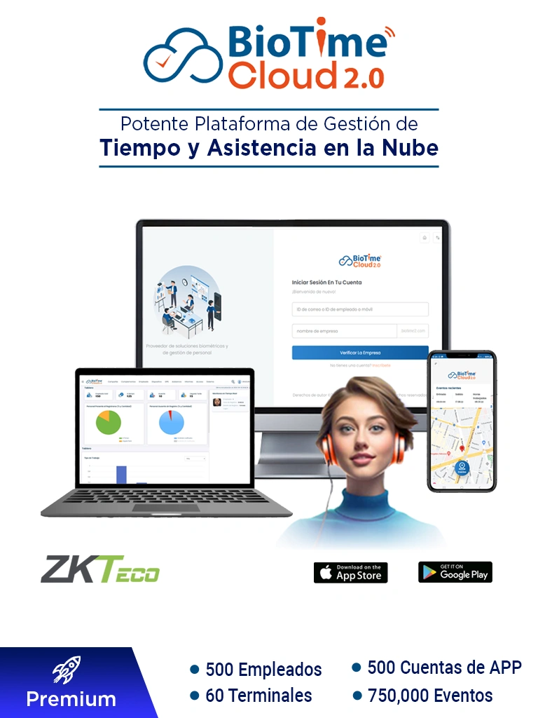 Zkteco Biotimecloudpremium - Licencia De Asistencia En La Nube Para 500 Empleados, 60 Terminales, 750,000 Eventos Y 500 Cuentas De App, Suscripción Por Un Año #Bc2