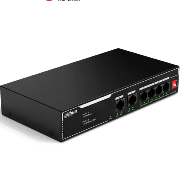 Dahua Dh-Sf1006Lp - Switch Poe De 6 Puertos Fast Ethernet/ 4 Puertos Poe 10/100/ 36 Watts Totales/ 2 Puertos Uplink Rj45 10/100/ Poe Watchdog/ Soporta Hasta 250Mts Sobre Utp Cat 6/ Protección Contra Descargas/