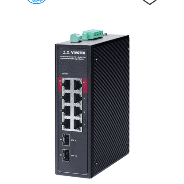Vivotek Aw-Ihb-1040 - Switch Poe Industrial Gigabit 8 Puertos Administrable, 2 Puertos Poe Gbe 90W, 6 Puertos Gbe 30W, 2 Puertos Gbe Sfp, 300W Totales, Modo Poe Extendido Hasta 250 Mts, 20Gbps, Vlan, Ndaa