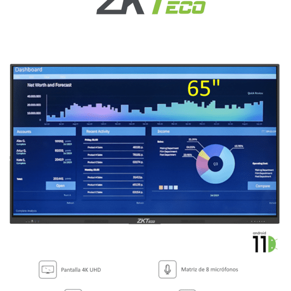 Zkteco Iwb65Bmp - Pantalla Digital Interactiva / 65 Pulgadas / 4K Uhd / Android 11 / Cámara Integrada 48Mp / Matriz De 8 Micrófonos / Conexión Wifi / Proyección Inalámbrica / 20 Puntos Táctiles / Windows Opcional ( Requiere Modulo Ops )