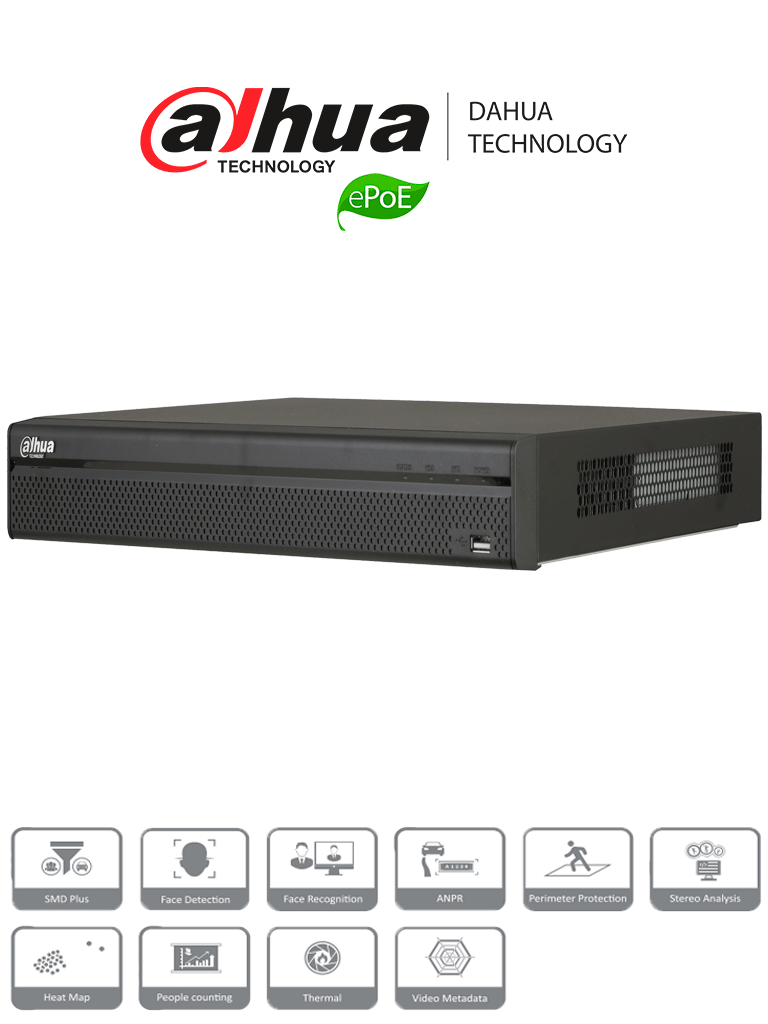 Dahua Nvr5208-8P-4Ks2E - Nvr 8 Canales Ip 4K / H265+ / Rendimiento 320 Mbps / 8 Puertos Tecnologia E Poe Hasta 800M / Poe / Anpr / Hdmi / Pos / 2 Sata / P2P / Dewarping