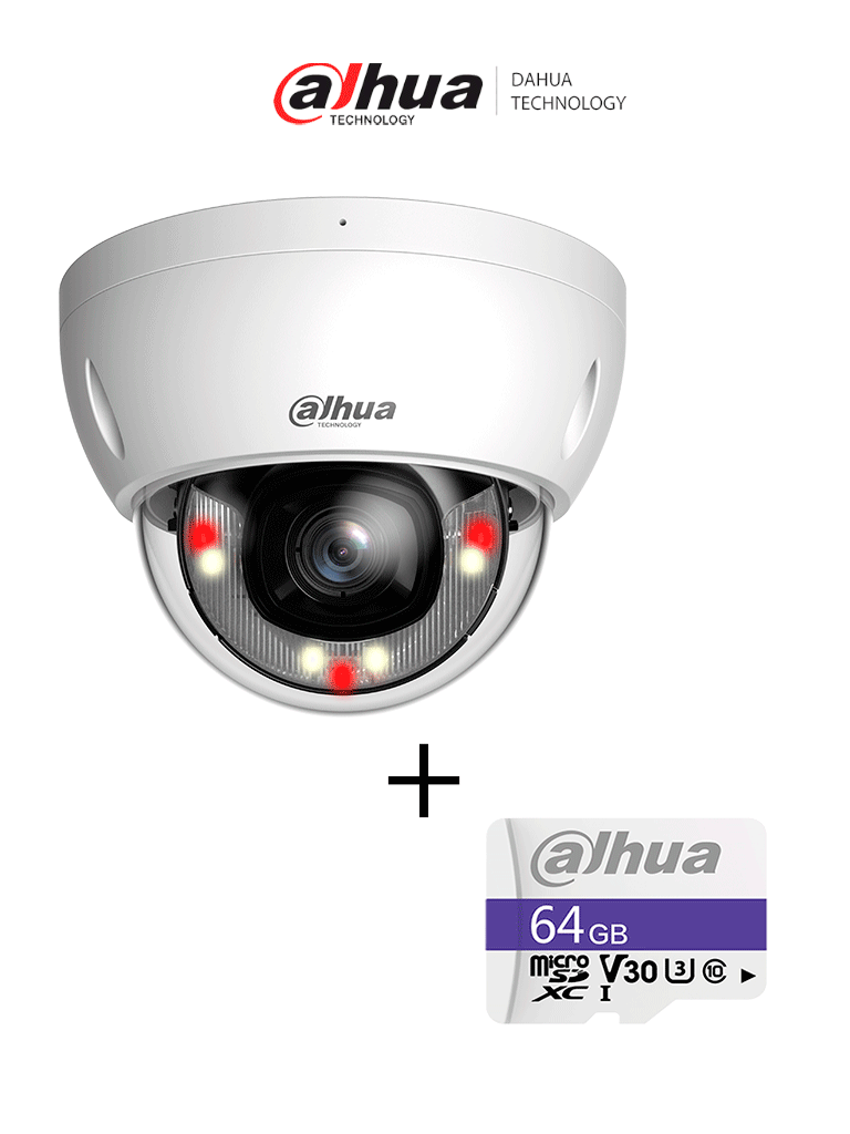 Kit Dahuadh-Ipc-Hdbw2649Ep-S-Il Camara Ip Domo 6 Mp/ Lente De 2.8Mm/ Smd Plus/ Protección Perimetral / Micrófono Integrado/ Ip67/ Ik10 Ranura Para Microsd +Tf-C100/64Gb - Dahua Memoria Micro Sd De 64 Gb Uhs-I De Regalo
