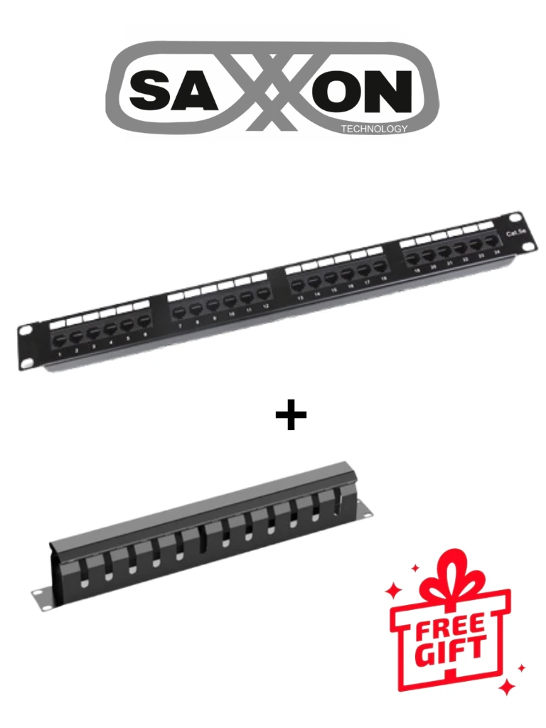 Saxxon Kit - Patch Panel 24 Puertos / Cat 5E / 19 Pulgadas + Gratis Organizador De Cables Horizontal Con Tapa Para Rack De19" / 1Ur