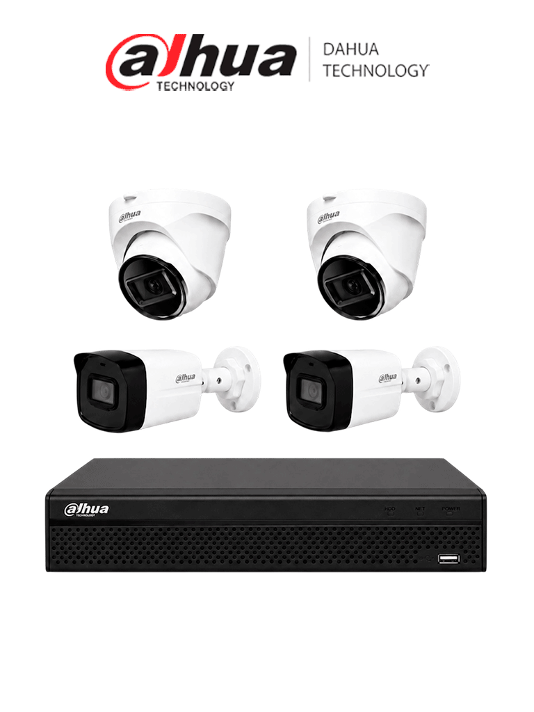 Dahua Kit Nvr1104Hs-P-S3/H - Nvr De 8 Megapixeles/ 4K/ 4 Canales Ip/ 4 Puertos Poe/ Smart H.265+/ Rendimiento De 80 Mbps/ Salida De Video Hdmi&Vga/ 1 Bahía De Disco Duro De Hasta 8Tb + 2 Ipc-B1E20 Bullet De 2 Mp + 2 Ipc-T1E20 Domo De 2 Mp/ #Ipkit