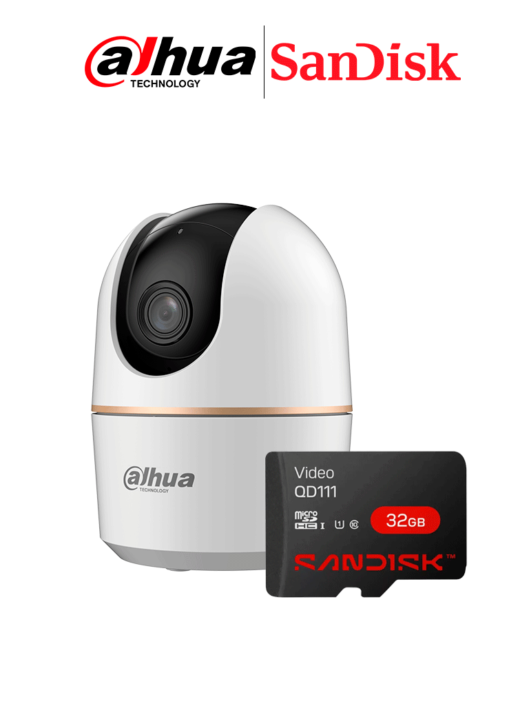 Dahua Dh-H3A - Cámara Ip Domo Motorizado Wifi De 3 Megapíxeles Con Ia, Autotracking, Audio Bidireccional (Micrófono Y Altavoz), Sirena Integrada, Ir De 10 M, Detección De Humanos Y Ranura Microsd + Memoria Sc Qd111 Micro Sdhc 32Gb #Ipkit