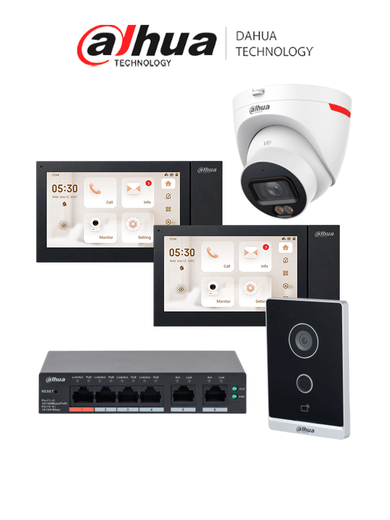 Dahua Kitvpip2Moncamdh - Kit De Videoportero Ip Wifi Con 2 Monitores, Cámara Ip Y Switch Poe
