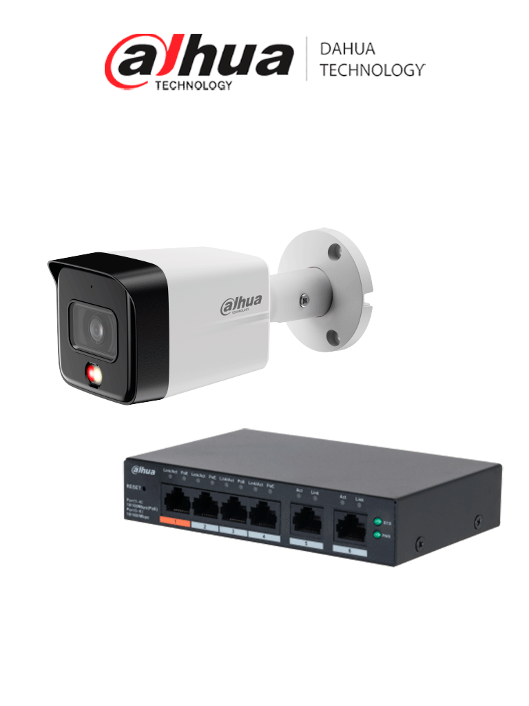 Dahua Dh-Cs4006-4Et2Et-60 - 1 Switch Poe De 6 Puertos Administrable Con 4 Poe Y 2 Uplink/65 W Poe/ Dolynk Care + 1 Ipc-Hfw1839Tc-A-Il Cámara Ip Bullet 4K/Iluminador Dual/ Lente De 2.8 Mm/ 110°/ Micrófono/Ir De 30M/ Ip67/Poe/ #Kitredes