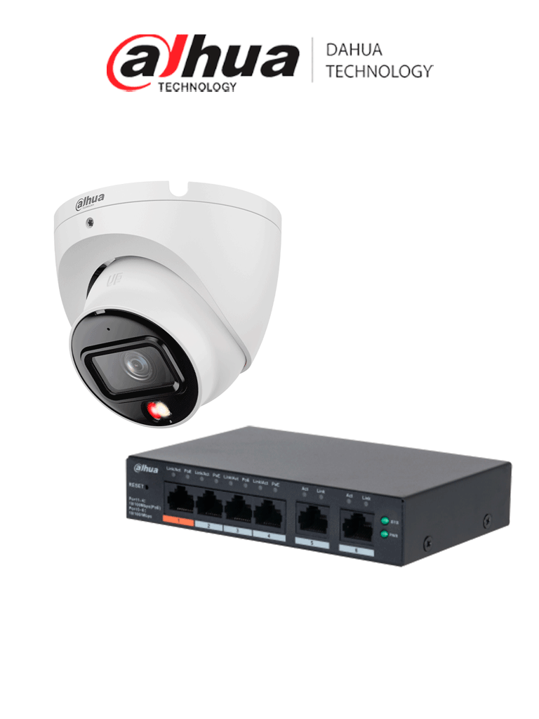 Dahua Dh-Cs4006-4Et2Et-60 - 1 Switch Poe De 6 Puertos Administrable Con 4 Poe Y 2 Uplink/ 65 W Poe/ Dolynk Care/ Dh-Ipc-Hdw1839Tp-A-Il-0280B-S6 1 Cámara Ip Domo De 8Mp/ 2.8 Mm/ 105°/ Iluminador Dual/ Micrófono/Ir De 30M/H.265/Poe/Ip67/ #Kitredes