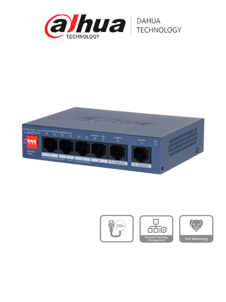 Dahua Dh-Cs4006-4Et2Gt-36 - Switch Poe De 6 Puertos Fast Ethernet/4 Puertos Poe 10/100/1000 / 2 Puertos Uplink 10/100/ 36 Watts Totales/ Switching 1.2 Gbps/ Tasa De Reenvio De Paquetes .89 Mbps/ Con Protección De Descargas/ #Lonuevo