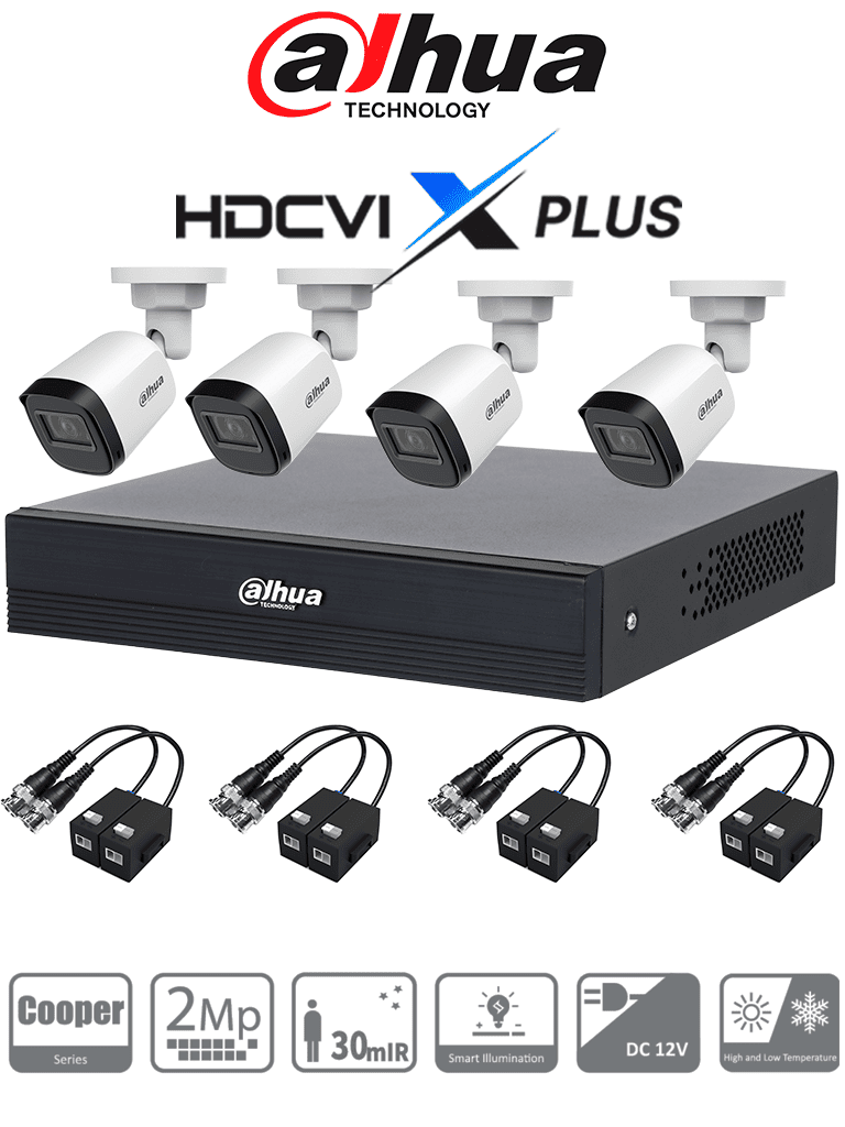 Dahua Dh-Kit/Xvr1B04-I/T/4-B1A21N-U-0280B/Balun - Kit 4 Canales Cámaras B1A21N-U De 2 Mp, Dvr Xvr1B04-I/T Soporta Audio Bidireccional, Lente 2.8Mm, Visión De 93°. Soporta 4 Canales Más 1 Ip O 5 Canales Ip, Smd Plus, Incl. Transceptores/ #Npahdcvi