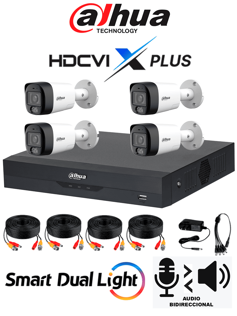 Dahua Dh-Kit/Xvr5104Hs-4Kl-I3/T/4-Hfw1500Rmn-Il-T- Kit De Vigilancia De 4 Canales 5 Mp/ Iluminador Dual Y Audio Bidireccional Integrados/Y Dvr Wizsense Y Reconocimiento Facial/ Soporta 4 Canales + 4 Ip O Hasta 8 Ip/ 4 Canales Smd Plus Para Búsquedas