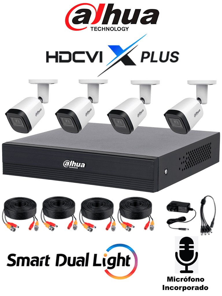 Dahua Dhi-Kit/Xvr1B04H-I/T/4-B2A51N-U-Il-A-0280B-S3-Dip -Kit De 4 Ch De 5 Mp/ Dvr Cooper-I Wizsense/Con Ia/ H.265+/4 Camaras B2A51 Metalicas/4 Ch + 1 Ip O Hasta 5 Ch Ip/ 4 Ch Smd Plus/Busqueda De Humanos Y Vehiculos/Accesorios Incluidos