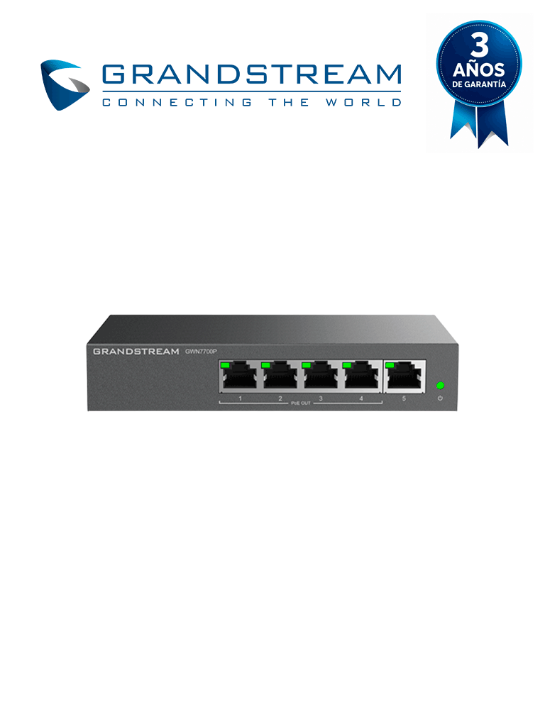 Grandstream Gwn7700P - Switch Poe No Administrable/ 5 Puertos Gigabit (4 Poe 802.3Af/At)/ Presupuesto Poe 60W, Hasta 30W Por Puerto/ Capacidad 10 Gbps/ Plug & Play Sin Configuración/ Sin Ventilador/ Ideal Telefonía Ip, Videovigilancia Y Aps