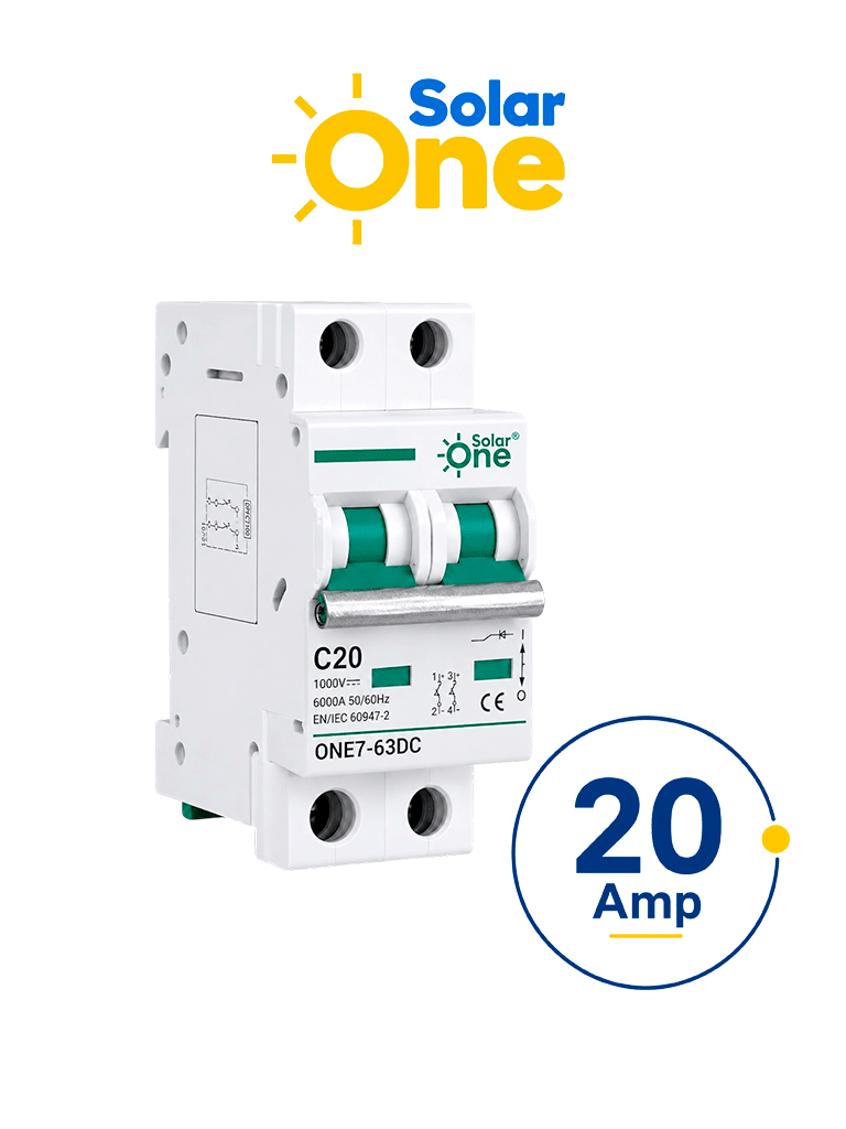 Interruptor Termomagnético De Corriente Directa 2 Polos 20 Amp / 1000 Vdc / Estándar Ul / Protección Con Sistema De Disparo Termomagnético / Montaje Riel Din / Protección Ip20